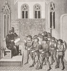 Schurken die de bevelen van hun heer ontvangen voordat ze aan het werk gaan, naar een miniatuur in een 15e-eeuws manuscript, uit Le Moyen Age et La Renaissance door Paul Lacroix (1806-84) gepubliceerd in 1847