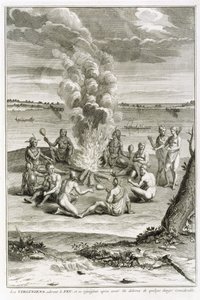 Virginians die Vuur Aanbidden en Vreugde hebben na Bevrijding van Aanzienlijk Gevaar, illustratie uit Religieuze Ceremoniën en Gebruiken, gegraveerd door Bernard Picart (1673-1733) 1721 door French School