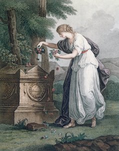 Deugd brengt eerbetoon aan Rousseaus graf, Ermenonville (Tombeau de Jean Jacques Rousseau), 1866 (handgekleurde stipple gravure)