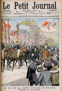 Bezoek van de koning en koningin van Italië aan Frankrijk. De koning en koningin van Italië in Frankrijk. Promenade op de boulevards met de president van de Franse Republiek Emile Loubet - Illustratie voor Le Petit Journal, 25 oktober 1903 - Victor Emmanue
