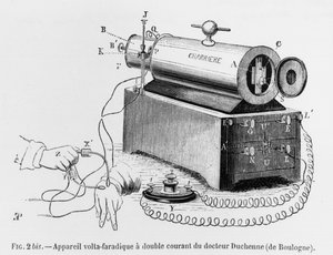 Volta Faradisch Apparaat gebruikt door Guillaume Benjamin Duchenne de Boulogne (1806-75) illustratie uit Mecanisme de la Physionomie humaine ou analyse electrophysiologique des passions door Duchenne de Boul