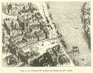 Vogelvlucht van de Place de Greve in de 15e eeuw door French School