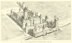Vogelvluchtzicht op het Louvre van Philippe-Auguste, voor 1362 door French School
