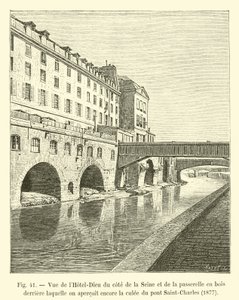 Uitzicht op het Hotel-Dieu vanaf de kant van de Seine en de houten loopbrug waarachter nog de pijler van de Saint-Charles brug te zien is, 1877