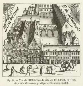 Uitzicht op het Hotel-Dieu vanaf de kant van de Petit-Pont, in 1702; naar de Praktische Geometrie van Manesson-Mallet door French School