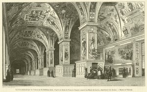 Uitzicht op de Bibliotheek van het Vaticaan in de achttiende eeuw (gravure)