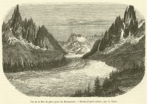 Uitzicht op de Mer de Glace vanaf Montanvert (gravure) door French School