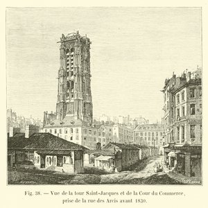 Zicht op de Saint-Jacques toren en de Cour du Commerce, vanaf de rue des Arcis voor 1830 door French School