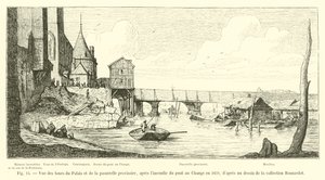 Uitzicht op de torens van het paleis en de tijdelijke loopbrug, na de brand van de Pont au Change in 1621, naar een tekening uit de collectie Bonnardot door French School
