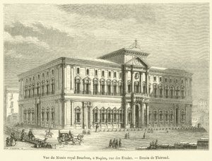 Vue du Musee royal Bourbon, a Naples, rue des Etudes (gravure) door French School