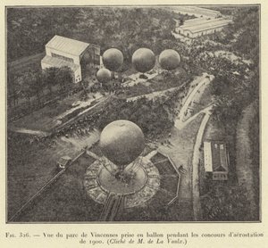 Uitzicht op het park van Vincennes genomen vanuit een ballon tijdens de luchtvaartwedstrijden van 1900