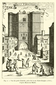 Zicht op het kleine Chatelet, vanaf de rue Saint-Jacques, 1702, naar Manesson Mallet door French School