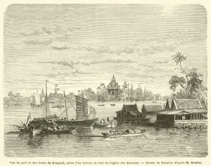 Uitzicht op de haven en dokken van Bangkok, genomen vanaf een boot tegenover de kerk van de Missies