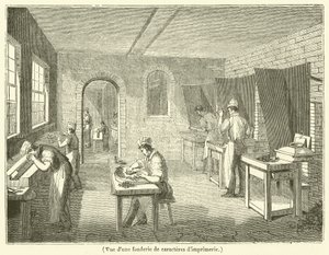 Uitzicht op een lettergieterij (gravure) door French School