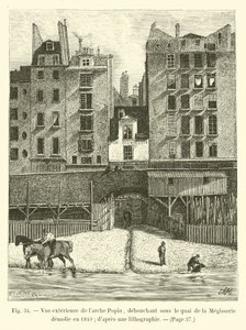 Buitenzicht van de Arche Popin, uitkomend onder de kade van de Mégisserie gesloopt in 1840, naar een lithografie door French School