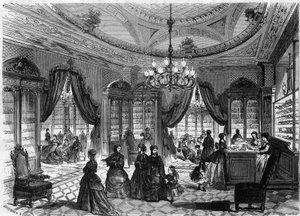 Interieur van de schoenenwinkel van M. Herbert, 93 rue de Richelieu in Parijs. Gravure in 