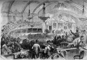Oorlog van 1870 - wetgevende verkiezingen tijdens de wapenstilstand - februari 1871: verkiezingsbijeenkomst in het Cabaret des Folies Bergères in Parijs voor de proclamatie van kandidaten voor de Nationale Vergadering. Gravure in Le Monde Illustré nr. 722 