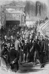 Oorlog van 1870: President van de Raad Adolphe Thiers (1797-1877) ontving de felicitaties van de afgevaardigden bij zijn vrijlating uit de Nationale Vergadering die op 19 februari 1871 in Bordeaux bijeenkwam. Hij kreeg net de investituur van zijn regering. door French School