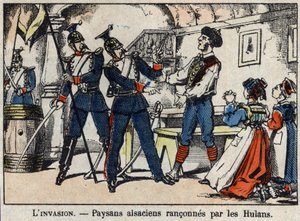 Oorlog van 1870 tussen Frankrijk en Pruisen: Elzassische boeren beroofd door de Hulans (Uhlans, Houlans) afbeelding van Epinal. door French School