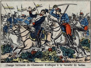 Oorlog van 1870 tussen Frankrijk en Pruisen: aanval van Afrikaanse jagers bij de Slag om Sedan in 1870. Afbeelding van Epinal door French School
