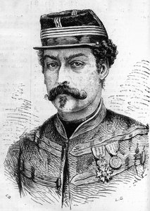 Oorlog van 1870: portret van Leon Franchetti (1834-1870), Franse soldaat, commandant van de Scouts van de Seine. Gravure in 
