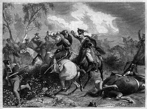 Oorlog van de Vierde Coalitie 1806 - 1807 - Prins Louis Ferdinand van Pruisen dodelijk gewond tijdens gevechten met invallende Engelse cavalerie in de Slag bij Saalfeld tijdens de Napoleontische Oorlogen door French School
