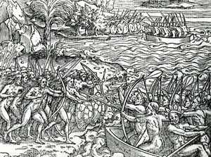 Oorlogsscène, Brazilië, illustratie uit "Singulariteiten van Frankrijk Antarctique", door Andre de Thevet, 1558