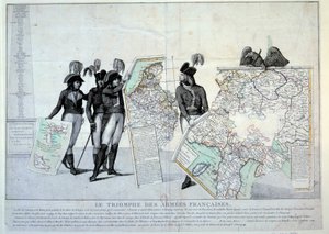 Oorlogen van de Revolutie: Generaal Napoleon Bonaparte (1769-1821) met een kaart van Italië (ten tijde van de Italiaanse Campagne) om de puzzel van de door Frankrijk veroverde gebieden te voltooien. Links waarschijnlijk generaals Hoche, Pichegru en Jean Vi door French School