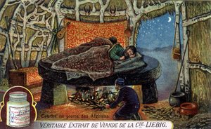 Manieren om te slapen: Afghanen steenlaag. Liebig verpakking chromolithografie door French School