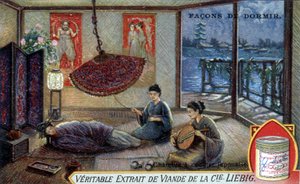 Manieren om te slapen: Japanse slaapkamer. Liebig verpakkingschromolithografie