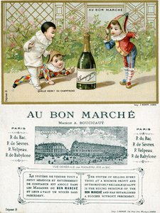 Wat een geluk! een fles champagne; voor- en achterkant van een promotiekaart voor de Bon Marché warenhuizen in Parijs, c.1895