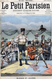 Wit en Geel (cartoon over de Russisch-Japanse oorlog: landen zoals Frankrijk, VS, China... kijken naar Japan en Rusland die boksen). Omslag Le petit Parisien van 3 april door French School