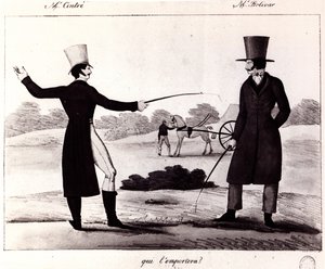 Wie zal winnen? Scène van het duel tussen M. Cintre en M. Bolivar, ca. 1820 door French School