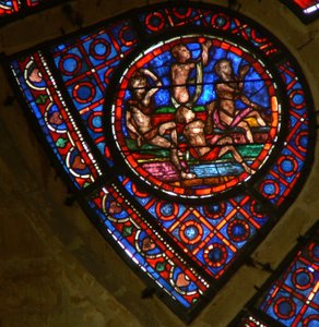 Raam Ww met een scène uit het Laatste Oordeel: zielen die opstijgen bij het geluid van de trompet door French School