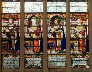 Raam met Jacques de Bourbon (1315-61) Graaf van de Marche, Jeanne de Chatillon-Saint-Pol (overleden 1371) Jean I de Bourbon (1361-94) en Catherine, Gravin van Vendome door French School