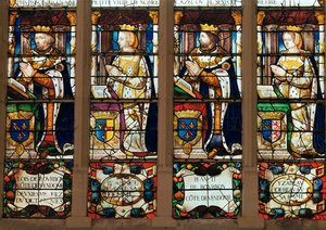 Raam met Louis de Bourbon (1376-1446) Graaf van Vendome, Jeanne de Laval (overleden 1468) Jean II de Bourbon (1446-77) Graaf van Vendome en Isabelle de Beauvau (overleden 1474) door French School