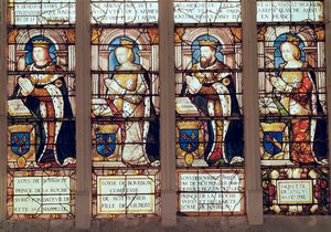 Raam met Louis de Bourbon (1465-1520) Prins van La Roche-sur-Yon, Louise de Bourbon (overleden 1561) Gravin van Montpensier, Louis II de Bourbon (1513-82) Hertog van Montpensier en Jacquette de Longwy door French School