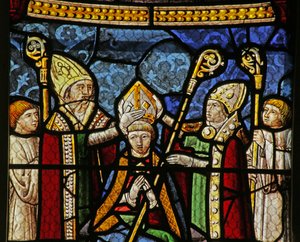Raam met Sint Nicolaas die bisschop van Myra wordt door French School