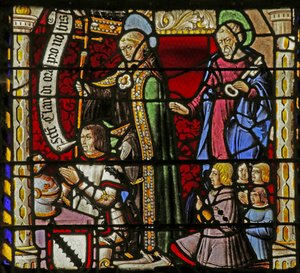 Raam met de schenkers Claude de Crépy en zonen met Sint Claude en Sint Petrus