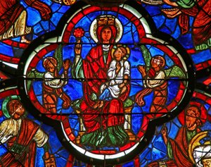 Venster met de Maagd die Christus op haar knie houdt en een roos in haar rechterhand (detail) door French School