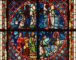 Raam uit de Kapel van de Maagd met de Israëlieten in de woestijn en Mozes op de berg Sinaï, ca. 1240-50 door French School