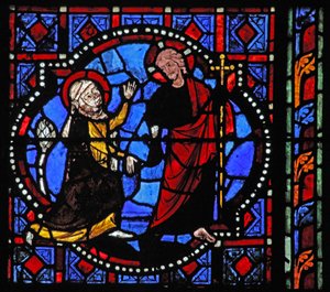Raam w02 met een Opstandingsscène: Noli Me Tangere door French School