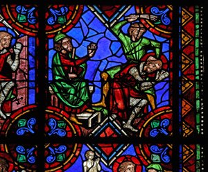 Raam w06 met het verhaal van St. Julianus van Brioude - St. Ferreol, een vriend van Julianus, die stierf tijdens de vervolgingen van Diocletianus, wordt gevangengenomen en geslagen door French School