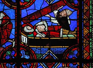Raam w06 met het verhaal van St. Julianus van Brioude - de dood van St. Ferreol, een vriend van Julianus, die stierf tijdens de vervolgingen van Diocletianus; St. Ferreol wordt begraven met het hoofd van St. Brioude. Ze worden ontdekt door French School