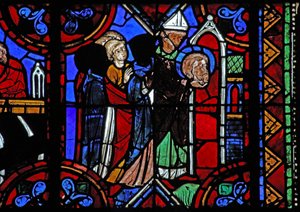 Raam w06 met het verhaal van St. Julianus van Brioude - de dood van St. Ferreol, een vriend van Julianus, die stierf tijdens de vervolgingen van Diocletianus; zijn relieken worden overgebracht door French School