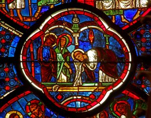 Raam w0 met St. Petrus, St. Jacobus en St. Johannes bij het Graf van de Opstanding door French School