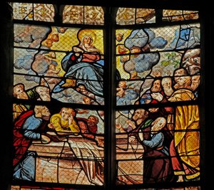 Raam w0 met de dood en tenhemelopneming van de Maagd Maria