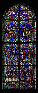 Raam w.102 met scènes uit het leven van St. Pantaléon door French School