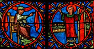 Raam w10 met de Hogepriester die St. Stefanus probeert te ontmoedigen om te prediken (modern) door French School