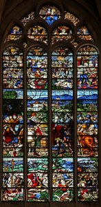 Raam w124 met Abraham en Melchisedek; St. Jacob in gevecht met de Moren in Spanje; scènes uit het leven van St. Jacob door French School
